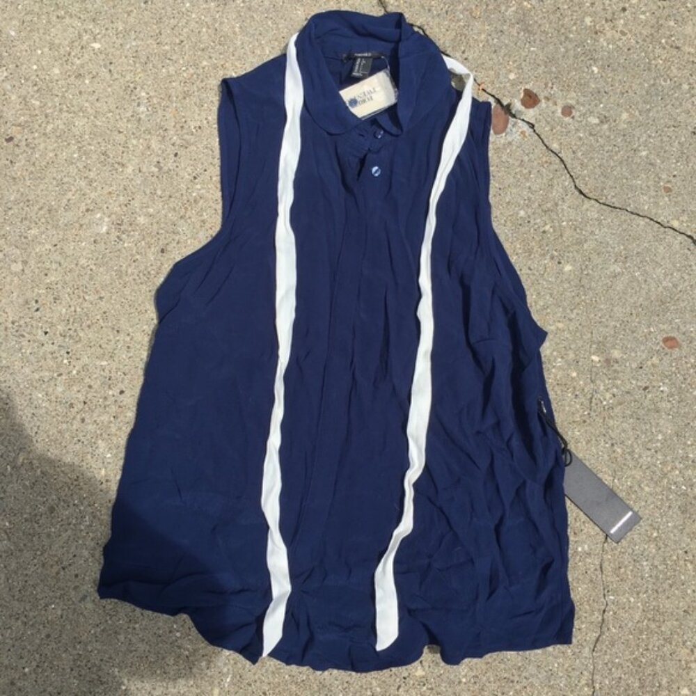 Women’s Navy Blue Button Down Tank Top with White Collar Tie | Forever 21
